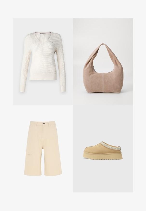 Vitt stickat tröja med V-hals och långa ärmar. Har ett strukturerat diamantmönster och en liten logotyp på vänster bröst.; Vit ärmlös topp med justerbara band, figursydd design, mjuk tygtextur och rund halsringning. Inga mönster eller metalldetaljer.; Beige cargo shorts gjorda av slitstarkt tyg, med avslappnad passform, framfickor och en sidoficka med klaffdetalj.; Tannfärgad mockasinkänga utan snörning med vadderad krage och texturerad ljusblå detalj. Har en tjock, slitstark sula med mönstrad däck.; Hobo-väska i mjukt mockamaterial i en ljusbeige färg. Har en rundad form med ett brett axelband och dragkedjestängning.