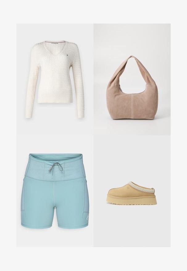 Valkoinen neulottu villapaita, jossa on v-pääntie ja pitkät hihat. Sisältää teksturoidun timanttikuosin ja pienen logon vasemmassa rinnassa.; Valkoinen hihaton toppi, jossa on säädettävät olkaimet, istuva muotoilu, sileä kankaan rakenne ja pyöreä kaula-aukko. Ei kuvioita tai metalliosia.; Vaaleansiniset urheilushortsit, joissa on leveä elastinen vyötärö, solmittava nauha ja sivutaskut. Litteä sauma ja sileä kangas tarjoavat mukavuutta.; Vaaleanruskeat mokka-slip-on-kengät, joissa on pehmustettu kaulus ja teksturoitu vaaleansininen yksityiskohta. Ominaisuuksiin kuuluu paksu, kestävä pohja, jossa on kuvioitu kulutuspinta.; Matkakassi, joka on valmistettu pehmeästä, mokkanahasta vaaleanbeigessä värissä. Ominaisuuksiin kuuluu pyöreä muoto, leveä hihna ja vetoketjukiinnitys.