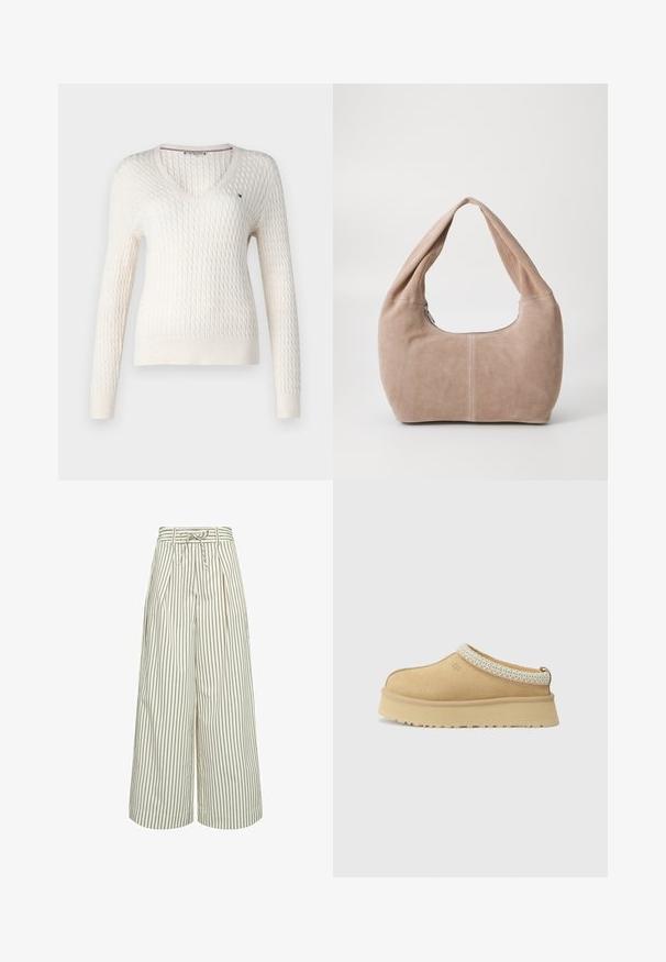 Weißer gestrickter Pullover mit V-Ausschnitt und langen Ärmeln. Verfügt über ein strukturiertes Rautenmuster und ein kleines Logo auf der linken Brust.; Weißes ärmelloses Oberteil mit verstellbaren Trägern, taillierter Passform, glattem Stoff und rundem Ausschnitt. Keine Muster oder Hardware-Details.; Weite Hosen in Creme mit dünnen braunen vertikalen Streifen. Mit Falten und einem Bindegürtel in der Taille. Hergestellt aus einem glatten Stoff.; Beige Wildleder Slipper mit gepolstertem Kragen und strukturiertem hellblauen Akzent. Verfügt über eine dicke, strapazierfähige Außensohle mit gemusterter Profilierung.; Hobo-Tasche aus weichem Wildledermaterial in einem hellen Beigeton. Verfügt über eine runde Form, einen breiten Riemen und einen Reißverschluss.