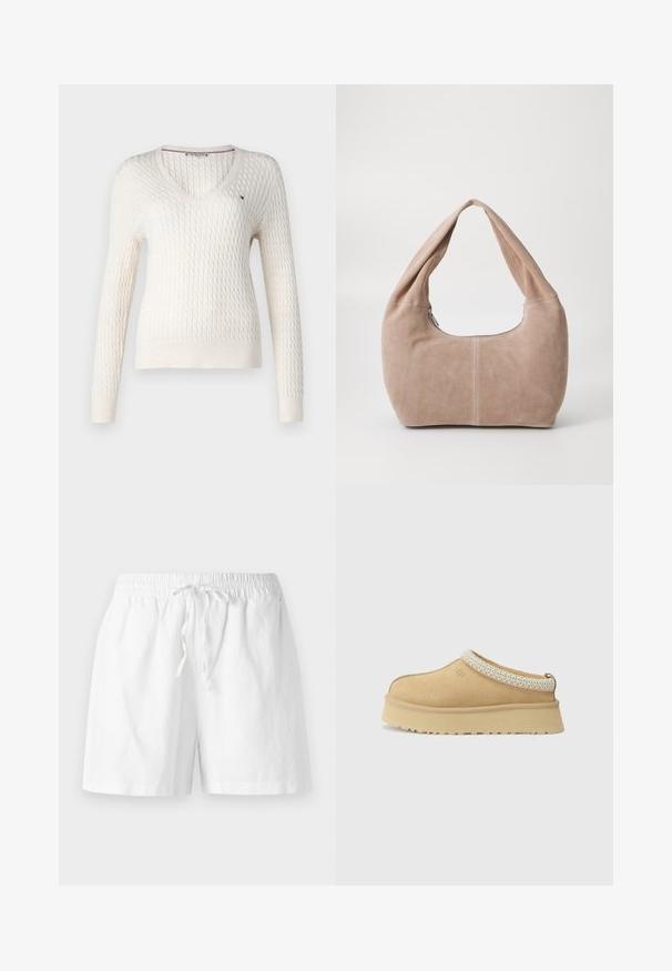 White knitted sweater with a v-neck and long sleeves. Features a textured diamond pattern and a small logo on the left chest.; White sleeveless top with adjustable straps, fitted design, smooth fabric texture, and a round neckline. No patterns or hardware details.; White cotton shorts with an elastic waistband, drawstring detail, and a relaxed fit. Smooth texture and knee-length design.; Tan suede slip-on shoe with a padded collar and textured light blue accent. Features a thick, durable outsole with a patterned tread.; Hobo bag made of soft, suede material in a light beige color. Features a rounded shape with a wide strap and zip closure.
