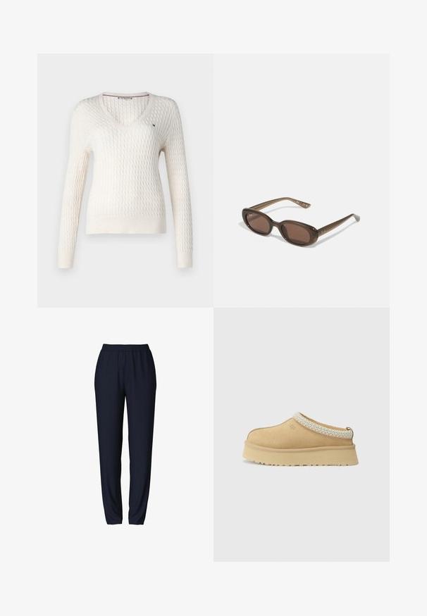 Vitt stickat tröja med V-hals och långa ärmar. Har ett strukturerat diamantmönster och en liten logotyp på vänster bröst.; Vit ärmlös topp med justerbara band, figursydd design, mjuk tygtextur och rund halsringning. Inga mönster eller metalldetaljer.; Marinblå sweatpants med elastisk midja, tapered ben design och slät textur. Lämpliga för vardags- eller sportklädsel.; Tannfärgad mockasinkänga utan snörning med vadderad krage och texturerad ljusblå detalj. Har en tjock, slitstark sula med mönstrad däck.; Bruna ovala solglasögon med mörka linser. Bågen har ett transparent brunt material och har en logotyp tryckt på stängerna.; Vävd beige tote-väska med en avslappnad design och ett enda axelband. Har ett texturerat mönster över hela ytan.
