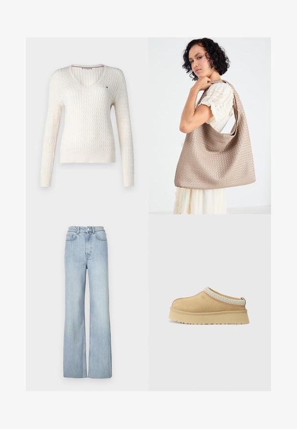 Valge kudumistehnikaga sviiter v-kaelusega ja pikkade varrukatega. Omab tekstuurset rombimustrit ja väikest logo vasakul rinnal.; Valge ilma varrukateta top, reguleeritavate rihmadega, taljesse istuv disain, sile kangatekstuur ja ümmargune kaelus. Ilma mustrite ja seadmeteta.; Heledane teksased flared teksased püksid, millel on kõrge vöökoht, esiküljel taskud ja diskreetne tikand detailideks jalgade ulatuses.; Kreem-suede'ist slip-on jalanõud, millel on pehmendatud krae ja tekstuuriga helesinine aktsent. Omab paksu, vastupidavat tallaosa, millel on mustriga kulumine.; Kootud beež kandekott, millel on laisk disain ja üks õlarihm. Omab tekstuurset mustrit kogu pinnal.