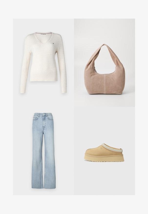 Balta adīta džemperis ar V veida kakla izgriezumu un garām piedurknēm. Tam ir teksturēta dimanta raksts un mazs logo kreisajā krūtī.; Balta bez piedurknēm blūze ar regulējamām siksnām, pieguļošs dizains, gluda auduma tekstūra un apaļa kakla izgriezums. Nav rakstu vai metāla detaļu.; Gaiši zili denim flared džinsi ar augstu jostasvietu, ar priekšējām kabatām un smalku izšuvuma detaļu gar kājām.; Tan zamšādas slēgtas kurpes ar mīkstu apkakli un teksturētu gaiši zilu akcentu. Iespējama bieza, izturīga zole ar rakstu profilu.; Mīksta, zylejota hobo soma gaisā bēšā krāsā. Tam ir noapaļota forma ar platu siksnu un rāvējslēdzēja aizdare.