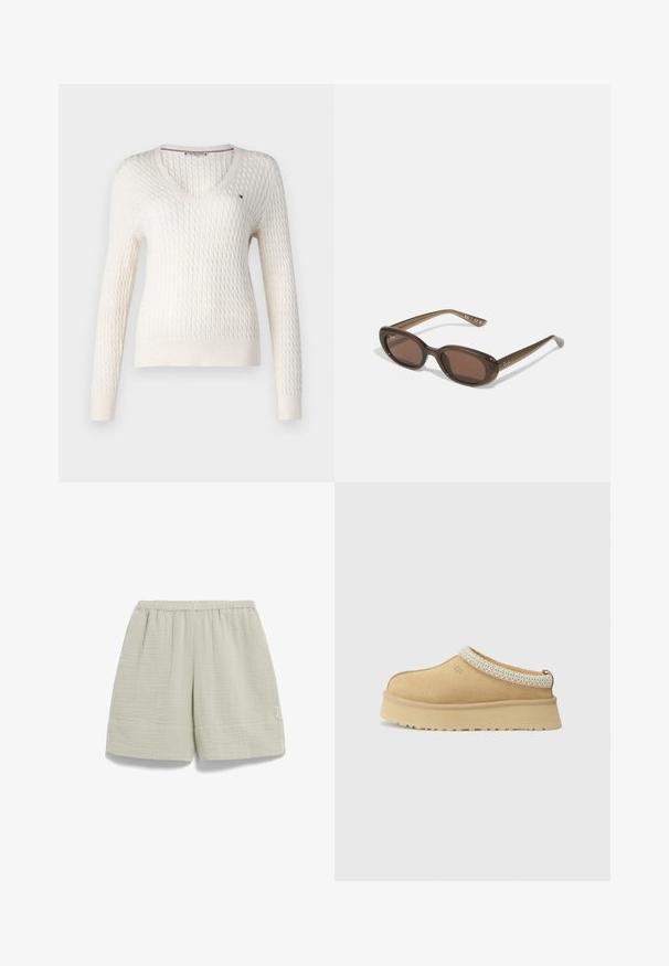 Pull en tricot blanc avec un col en V et des manches longues. Présente un motif en losange texturé et un petit logo sur la poitrine gauche.; Top sans manches blanc avec bretelles réglables, design ajusté, texture de tissu lisse et encolure ronde. Aucun motif ni détail matériel.; Shorts en coton texturé vert clair avec une taille élastique, des poches latérales et une coupe légèrement ample, avec des détails de couture au niveau de l'ourlet.; Chaussure slip-on en daim beige avec un col rembourré et un accent texturé bleu clair. Elle dispose d'une semelle extérieure épaisse et durable avec un profil de traction.; Lunettes de soleil ovales marron avec des verres foncés. La monture est en matériau transparent marron et comporte un logo imprimé sur les branches.; Sac fourre-tout tissé beige avec un design décontracté et une seule sangle pour l'épaule. Présente un motif texturé sur toute la surface.