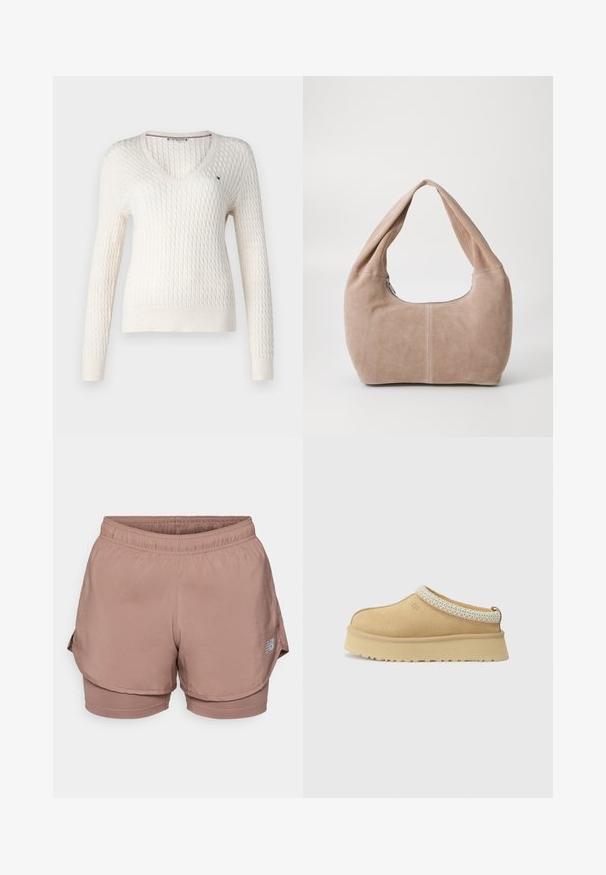 Valkoinen neulottu villapaita, jossa on v-pääntie ja pitkät hihat. Sisältää teksturoidun timanttikuosin ja pienen logon vasemmassa rinnassa.; Valkoinen hihaton toppi, jossa on säädettävät olkaimet, istuva muotoilu, sileä kankaan rakenne ja pyöreä kaula-aukko. Ei kuvioita tai metalliosia.; Vaaleanpunaiset urheilushortsit, joissa on joustava vyötärö, kerroksellinen muotoilu ja heijastava logo-yksityiskohta sivussa. Pehmeä kangas.; Vaaleanruskeat mokka-slip-on-kengät, joissa on pehmustettu kaulus ja teksturoitu vaaleansininen yksityiskohta. Ominaisuuksiin kuuluu paksu, kestävä pohja, jossa on kuvioitu kulutuspinta.; Matkakassi, joka on valmistettu pehmeästä, mokkanahasta vaaleanbeigessä värissä. Ominaisuuksiin kuuluu pyöreä muoto, leveä hihna ja vetoketjukiinnitys.