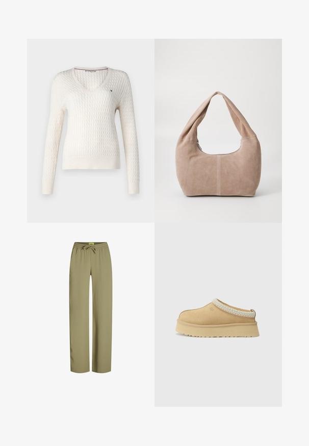 Valge kudumistehnikaga sviiter v-kaelusega ja pikkade varrukatega. Omab tekstuurset rombimustrit ja väikest logo vasakul rinnal.; Valge ilma varrukateta top, reguleeritavate rihmadega, taljesse istuv disain, sile kangatekstuur ja ümmargune kaelus. Ilma mustrite ja seadmeteta.; Roheline, laiemad püksid elastse vöökoha ja reguleeritava nööriga. Valmistatud pehmest kangast, sirgete sääremõõtudega ja ilma nähtavate taskuteta.; Kreem-suede'ist slip-on jalanõud, millel on pehmendatud krae ja tekstuuriga helesinine aktsent. Omab paksu, vastupidavat tallaosa, millel on mustriga kulumine.; Hobo kott, mis on valmistatud pehmest nubukmaterjalist heledas beezis värvitoonis. Omab ümarat kuju, laia sangaga ja tõmblukuga sulgemist.