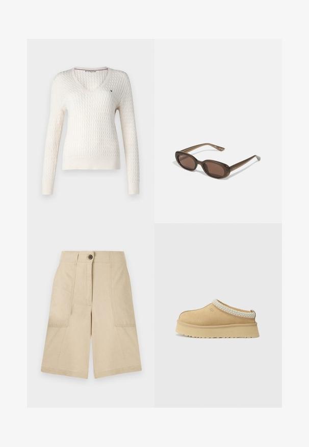 Fehér, kötött pulcsi V nyakkal és hosszú ujjal. Szegett gyémánt mintázattal és egy kis logóval a bal mellrészen.; Fehér ujjatlan felső állítható pántokkal, testhez simuló kivitel, sima szövettextúra és kerek nyakkivágás. Nincsenek minták vagy fémrészek.; Beige vászon rövidnadrág két oldalsó zsebbel, elöl gombos záródással, egyenes szabású és sima textúrával. Tiszta dizájn minta nélkül.; Barna velúr slip-on cipő párnázott gallérral és texturált világoskék díszítéssel. Vastag, tartós talppal rendelkezik, amely mintás barázdákkal ellátott.; Barna ovális napszemüveg sötét lencsékkel. A keret átlátszó barna anyagból készült, és logóval van nyomtatva a szárakon.; Szőtt bézs tote táska laza kialakítással és egyetlen vállpánttal. A felületén textúrált minta található.