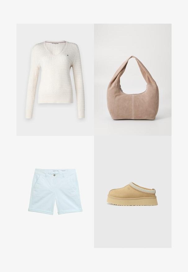 Balta adīta džemperis ar V veida kakla izgriezumu un garām piedurknēm. Tam ir teksturēta dimanta raksts un mazs logo kreisajā krūtī.; Balta bez piedurknēm blūze ar regulējamām siksnām, pieguļošs dizains, gluda auduma tekstūra un apaļa kakla izgriezums. Nav rakstu vai metāla detaļu.; Gaiši zili šorti no chino auduma ar sarullētu apakšmalu, ar divām sānu kabatām un priekšējo pogu aizdari. Izgatavoti no elpojoša materiāla.; Tan zamšādas slēgtas kurpes ar mīkstu apkakli un teksturētu gaiši zilu akcentu. Iespējama bieza, izturīga zole ar rakstu profilu.; Mīksta, zylejota hobo soma gaisā bēšā krāsā. Tam ir noapaļota forma ar platu siksnu un rāvējslēdzēja aizdare.