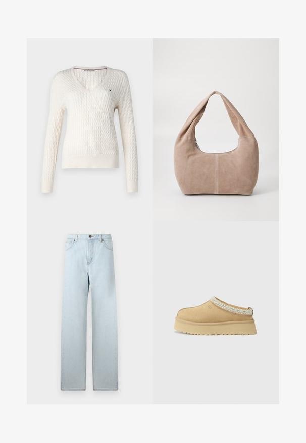 Balta adīta džemperis ar V veida kakla izgriezumu un garām piedurknēm. Tam ir teksturēta dimanta raksts un mazs logo kreisajā krūtī.; Balta bez piedurknēm blūze ar regulējamām siksnām, pieguļošs dizains, gluda auduma tekstūra un apaļa kakla izgriezums. Nav rakstu vai metāla detaļu.; Gaiši zili platā kāju džinsi ar augstu jostu, priekšējām kabatām un pogu aizdari. Gluda džinsu tekstūra, minimāla izbalēšana, taisnas kājas dizains.; Tan zamšādas slēgtas kurpes ar mīkstu apkakli un teksturētu gaiši zilu akcentu. Iespējama bieza, izturīga zole ar rakstu profilu.; Mīksta, zylejota hobo soma gaisā bēšā krāsā. Tam ir noapaļota forma ar platu siksnu un rāvējslēdzēja aizdare.