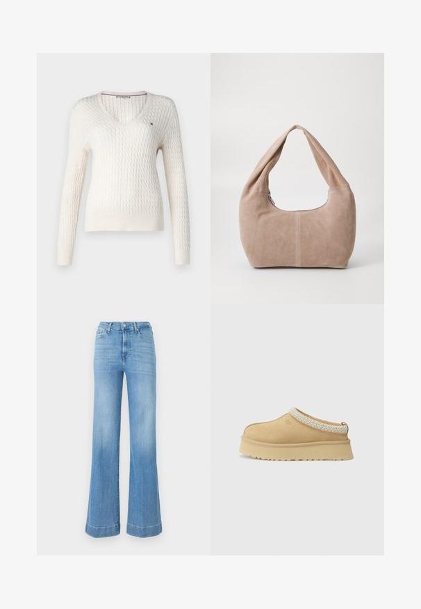 Balta adīta džemperis ar V veida kakla izgriezumu un garām piedurknēm. Tam ir teksturēta dimanta raksts un mazs logo kreisajā krūtī.; Balta bez piedurknēm blūze ar regulējamām siksnām, pieguļošs dizains, gluda auduma tekstūra un apaļa kakla izgriezums. Nav rakstu vai metāla detaļu.; Gaiši zili platā kāju džinsi ar augstu jostasvietu, izgatavoti no denima. Iespējas ietver pogu aizdari, minimālas blekdēšanas un rollētus piedurknes pie apakšmalas.; Tan zamšādas slēgtas kurpes ar mīkstu apkakli un teksturētu gaiši zilu akcentu. Iespējama bieza, izturīga zole ar rakstu profilu.; Mīksta, zylejota hobo soma gaisā bēšā krāsā. Tam ir noapaļota forma ar platu siksnu un rāvējslēdzēja aizdare.