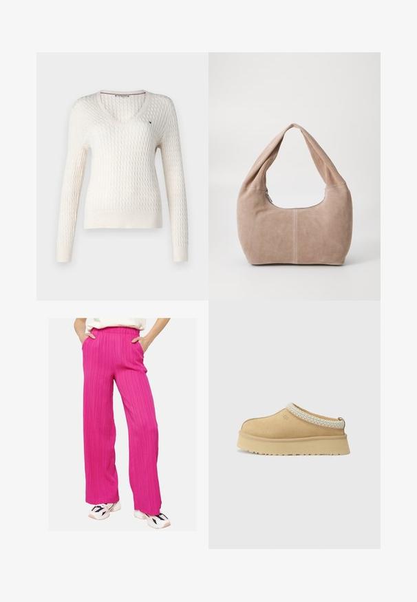 Valge kudumistehnikaga sviiter v-kaelusega ja pikkade varrukatega. Omab tekstuurset rombimustrit ja väikest logo vasakul rinnal.; Valge ilma varrukateta top, reguleeritavate rihmadega, taljesse istuv disain, sile kangatekstuur ja ümmargune kaelus. Ilma mustrite ja seadmeteta.; Roosa, laiad püksid tekstuurse kangaga, elastse vöökohta ja küljetaskutega, kombineeritud musta aktsendiga valgete tennisetossudega.; Kreem-suede'ist slip-on jalanõud, millel on pehmendatud krae ja tekstuuriga helesinine aktsent. Omab paksu, vastupidavat tallaosa, millel on mustriga kulumine.; Hobo kott, mis on valmistatud pehmest nubukmaterjalist heledas beezis värvitoonis. Omab ümarat kuju, laia sangaga ja tõmblukuga sulgemist.
