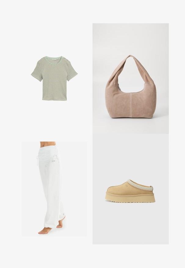 Biały sweter dzianinowy z dekoltem w serek i długimi rękawami. Posiada strukturalny wzór w romby oraz małe logo na lewej piersi.; Pasiasty t-shirt z krótkim rękawem w jasnym zielonym i białym kolorze. Posiada okrągły dekolt oraz miękką, teksturowaną tkaninę. Luźny fason z casualowym designem.; Białe, luźne spodnie z marszczonym pasem i sznurkiem. Gładka tekstura z bocznymi szwami, zaprojektowane dla komfortu i swobody ruchów.; Sandały slip-on w kolorze tan z wyściełanym kołnierzem i teksturowanym, jasnoniebieskim akcentem. Posiadają grubą, trwałą podeszwę z wzorzystym bieżnikiem.; Torebka typu hobo wykonana z miękkiego, zamszowego materiału w jasnym beżowym kolorze. Charakteryzuje się zaokrąglonym kształtem, szerokim paskiem oraz zapięciem na zamek.