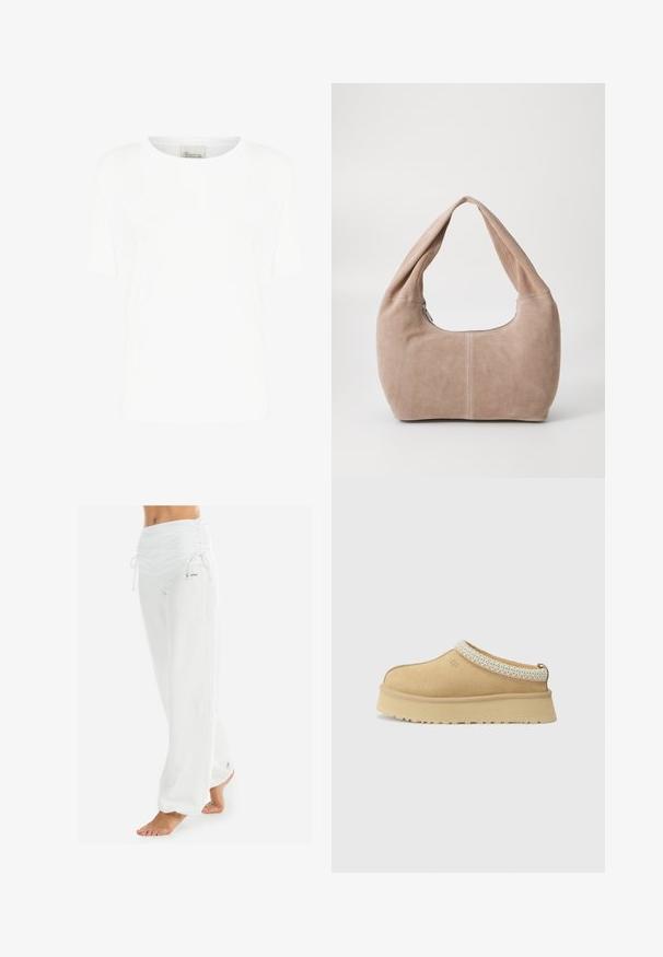 Bijela pletiva dukserica s V-izrezom i dugim rukavima. Ima teksturirani dijamantni uzorak i mali logotip na lijevoj strani prsnog koša.; Bijela kratka majica s kratkim rukavima izrađena od mekog pamuka, s okruglim izrezom i opuštenim krojem, bez vidljivih uzoraka ili detalja.; Bijele, široke hlače s gumom u struku i vezicom. Glatka tekstura s bočnim šavovima, dizajnirane za udobnost i pokretljivost.; Svi trsno bež slip-on cipele s podstavljenim ovratnikom i teksturiranim svijetloplavi akcentom. Ima debeo, izdržljiv potplat s uzorkom.; Torba tipa hobo napravljena od mekog, zamjenskog materijala u svijetloj bež boji. Ima zaobljen oblik, široku naramenicu i zatvaranje na zip.