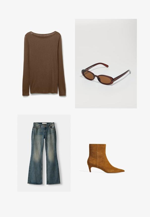 Witte gebreide trui met een V-hals en lange mouwen. Beschikt over een textuur in diamantpatroon en een klein logo op de linkerborst.; Bruine lange mouwen shirt van zachte stof, met een ronde halslijn en rechte snit met zijsplitten aan de zoom voor extra bewegingsvrijheid.; Blauwe uitlopende spijkerbroek met een vervaagde wassing, vijf zakken en een knoopsluiting. Het materiaal heeft een denim textuur met subtiele stikseldetails.; Bordeaux suède enkellaarsjes met een spitse neus en een lage kittenhak. Het ontwerp heeft een gladde textuur en een naadloze bovenkant.; Ronde, bruin getinte zonnebril met een glanzend bordeauxrood frame. Slanke pootjes met subtiele merkdetails. Vlakke lensontwerp.; Bruine suède hobo tas met een slouchy vorm, voorzien van een gebogen handvat en driehoekige paneeldetails aan de voor- en achterkant.