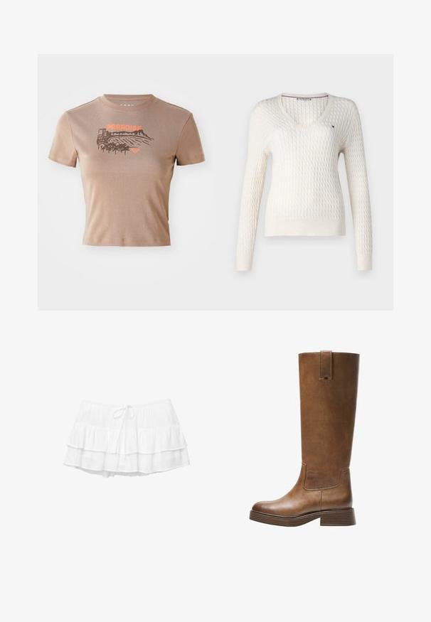 Valkoinen neulottu villapaita, jossa on v-pääntie ja pitkät hihat. Sisältää teksturoidun timanttikuosin ja pienen logon vasemmassa rinnassa.; Ruskea puuvillapaita, lyhyet hihat, pyöreä kaula-aukko. Edessä on "PARADISE"-grafiikka oranssilla värillä, jossa on maisemakuva ja palmupuu.; Valkoinen kerroksellinen hame, jossa on kolme röyhelökerrosta, joustava vyötärö ja naruominaisuus. Valmistettu kevyestä, teksturoidusta kankaasta.; Kahvipronssinen polvipituinen saapas, jossa on pyöristetty kärki, teksturoitu pinta ja matala pinoheijastin. Varressa on sivupaneeli ja vetotappi ylhäällä.