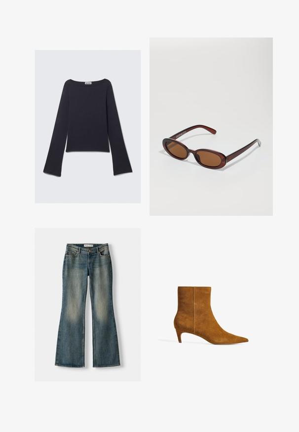 Biały sweter dzianinowy z dekoltem w serek i długimi rękawami. Posiada strukturalny wzór w romby oraz małe logo na lewej piersi.; Ciemnoniebieska bluzka z długim rękawem, szerokim dekoltem i rozszerzanymi rękawami. Wykonana z gładkiego materiału, z dopasowanym krojem i minimalistycznym wzornictwem.; Niebieskie dżinsy w fasonie dzwonów z wyblakłym wykończeniem, pięcioma kieszeniami i zapięciem na guzik. Materiał ma fakturę dżinsu z subtelnymi detalami szycia.; Brązowy zamszowy botek za kostkę z wydłużonym noskiem i niskim, kocim obcasem. Projekt charakteryzuje się gładką teksturą i bezszwową cholewką.; Okrągłe, brązowe okulary przeciwsłoneczne z błyszczącą bordową oprawą. Cienkie ramiona z subtelnym detalem marki. Płaski kształt soczewek.; Brązowa zamszowa torba hobo o luźnym kształcie, z zakrzywioną rączką u góry oraz trójkątnymi detalami na przodzie i tyle.