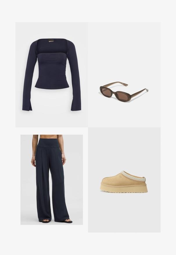 Bílý pletený svetr s výstřihem do V a dlouhými rukávy. Má strukturovaný diamantový vzor a malé logo na levé straně hrudi.; Gina Tricot SOFT TOUCH SQUARE NECK TOP - Top s dlouhým rukávem - black iris; Žena stojí v kalhotách s vysokým pasem a širokými nohavicemi tmavé barvy doplněných sandály, což ukazuje na pohodlný a ležérní styl.; Světlé semišové nazouvací boty s polstrovaným límcem a texturovaným světle modrým akcentem. Vybaveny silnou, odolnou podrážkou s vzorovaným profilem.; Hnědé oválné sluneční brýle s tmavými skly. Rámeček je z průhledného hnědého materiálu a má na stranách potisk s logem.; Woven béžová taška přes rameno s volným designem a jedním popruhem na rameno. Vyznačuje se texturovaným vzorem po celé ploše.