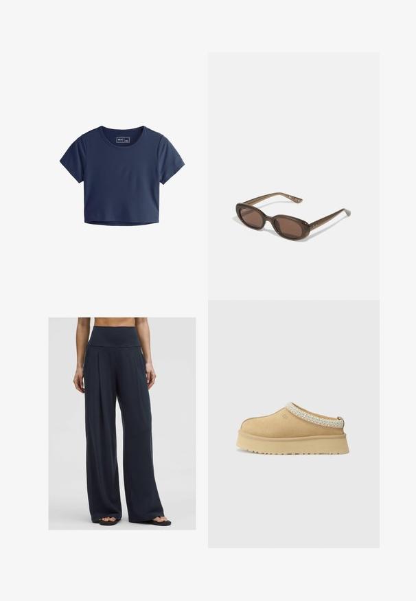 Witte gebreide trui met een V-hals en lange mouwen. Beschikt over een textuur in diamantpatroon en een klein logo op de linkerborst.; Navyblauwe cropped T-shirt van gladde stof met korte mouwen, ronde halslijn en minimale stikdetails. Merkenlabel zichtbaar aan de binnenkant.; Een vrouw staat in hoge tailles, brede, donkere broeken met sandalen, wat een comfortabele, casual stijl laat zien.; Tan suède instapschoen met een gevoerd kraagje en een gestructureerde lichtblauwe accent. Voorzien van een dikke, duurzame buitenzool met een patroon in de loop.; Brown ovalen zonnebrillen met donkere lenzen. Het montuur is gemaakt van doorzichtig bruin materiaal en heeft een logo dat op de slapen is gedrukt.; Geweven beige draagtas met een slungelige vorm en een enkele schouderband. Kenmerkt zich door een textuurpatroon over het hele oppervlak.