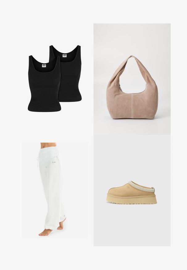 Balta adīta džemperis ar V veida kakla izgriezumu un garām piedurknēm. Tam ir teksturēta dimanta raksts un mazs logo kreisajā krūtī.; Urban Classics 2-PACK - Tops - black black; Baltas, brīvi piegriezti bikses ar savilcēju jostu un (izvelkamu) auklu. Gluda tekstūra ar sānu šuvēm, izstrādātas ērtībai un kustības brīvībai.; Tan zamšādas slēgtas kurpes ar mīkstu apkakli un teksturētu gaiši zilu akcentu. Iespējama bieza, izturīga zole ar rakstu profilu.; Mīksta, zylejota hobo soma gaisā bēšā krāsā. Tam ir noapaļota forma ar platu siksnu un rāvējslēdzēja aizdare.