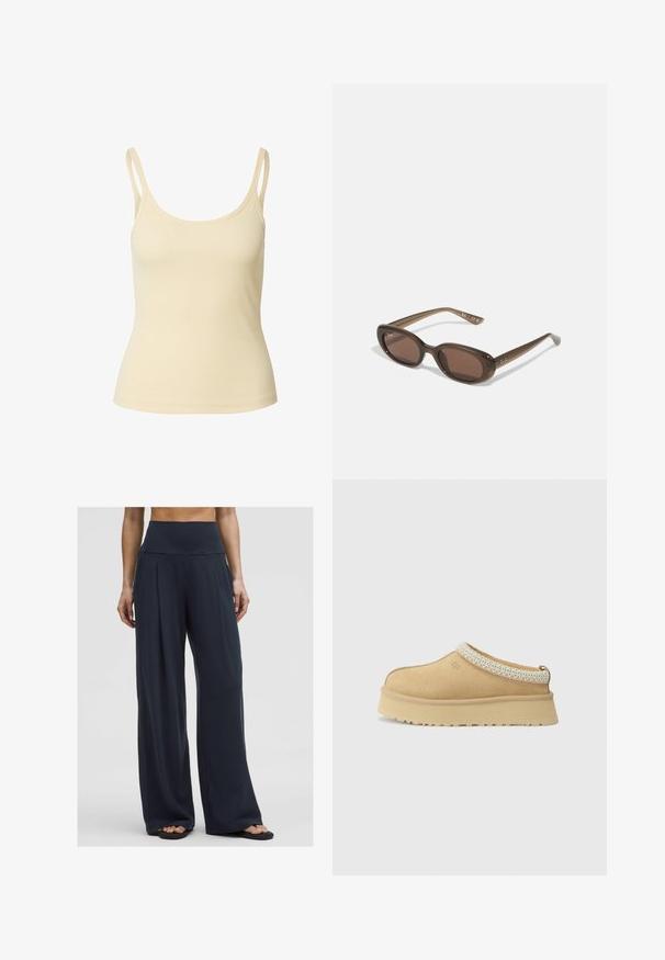 Witte gebreide trui met een V-hals en lange mouwen. Beschikt over een textuur in diamantpatroon en een klein logo op de linkerborst.; Lichtbeige geribde tanktop met dunne bandjes en een ronde halslijn, met een getailleerde silhouet en een soepele textuur.; Een vrouw staat in hoge tailles, brede, donkere broeken met sandalen, wat een comfortabele, casual stijl laat zien.; Tan suède instapschoen met een gevoerd kraagje en een gestructureerde lichtblauwe accent. Voorzien van een dikke, duurzame buitenzool met een patroon in de loop.; Brown ovalen zonnebrillen met donkere lenzen. Het montuur is gemaakt van doorzichtig bruin materiaal en heeft een logo dat op de slapen is gedrukt.; Geweven beige draagtas met een slungelige vorm en een enkele schouderband. Kenmerkt zich door een textuurpatroon over het hele oppervlak.