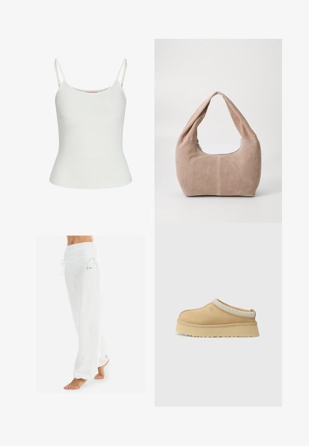 White knitted sweater with a v-neck and long sleeves. Features a textured diamond pattern and a small logo on the left chest.; White sleeveless top with adjustable straps, fitted design, smooth fabric texture, and a round neckline. No patterns or hardware details.; White, loose-fitting pants with a gathered waistband and drawstring. Smooth texture with side seams, designed for comfort and mobility.; Tan suede slip-on shoe with a padded collar and textured light blue accent. Features a thick, durable outsole with a patterned tread.; Hobo bag made of soft, suede material in a light beige color. Features a rounded shape with a wide strap and zip closure.