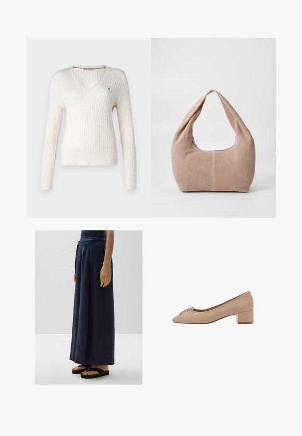 White knitted sweater with a v-neck and long sleeves. Features a textured diamond pattern and a small logo on the left chest.; Navy blue wide-leg trousers made of lightweight fabric with a tied waist. Paired with black flip-flops. Smooth texture, ankle length.; Beige leather pump with a pointed toe, small bow detail on the front, and a square low heel. Smooth texture with minimal stitching.; Hobo bag made of soft, suede material in a light beige color. Features a rounded shape with a wide strap and zip closure.