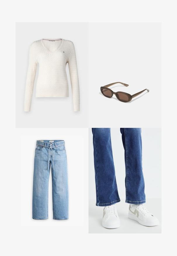 Hvid strikket sweater med v-hals og lange ærmer. Har et struktureret diamantmønster og et lille logo på venstre bryst.; Lysblå denim bukser med vid ben, høj talje, knap- og lynlåslukning samt snoretræk i taljen. Raflet kant.; Hvide sneakers med grå detaljer, tekstureret kanvas overdel, snørebåndsdesign, parret med blå denim flare jeans med flossede kanter.; Brune ovale solbriller med mørke linser. Stellet er lavet af transparent brunt materiale og har et logo trykt på stængerne.; Vævet beige tote taske med et afslappet design og en enkelt skulderrem. Har et struktureret mønster over hele overfladen.