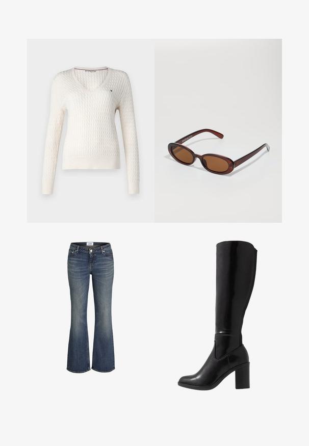Bílý pletený svetr s výstřihem do V a dlouhými rukávy. Má strukturovaný diamantový vzor a malé logo na levé straně hrudi.; Modré denimové džíny s mírným blednutím na stehnech a kolenou, s předním knoflíkem a zipem, s bootcut střihem.; Černé lesklé vysoké kozačky na podpatku do poloviny lýtek s kulatou špičkou, hladkým povrchem, bočním výřezem a robustním sloupkovým podpatkem.; Kulaté sluneční brýle hnědé barvy s lesklým burgundským rámem. Úzké nožičky s jemným logem. Rovné čočky.; Hnědá pletená kožená kabelka s uvolněným trojúhelníkovým tvarem. Disponuje spleteným uchem a zipovým uzavíráním na vrchu.