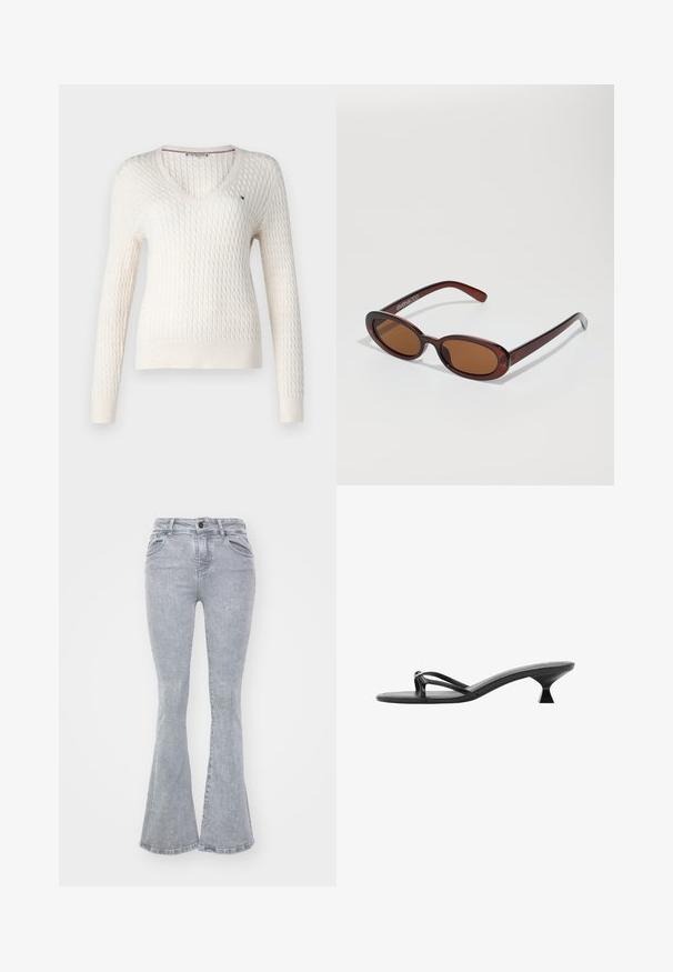 Valkoinen neulottu villapaita, jossa on v-pääntie ja pitkät hihat. Sisältää teksturoidun timanttikuosin ja pienen logon vasemmassa rinnassa.; Harmaat levennit, jotka on valmistettu denimistä, jossa on sileä pinta. Niissä on korkea vyötärö, viisi taskua ja nappisulku.; Mustat korkokengät, joissa on tyylikäs muotoilu, ohuet remmit ja ainutlaatuinen kolmiomainen korko. Pinta on sileä ja ulkoasu minimaalinen.; Pyöreät, ruskehtavat aurinkolasit, joissa on kiiltävä burgundinpunainen runko. Kapeat sivut, joissa on hienovarainen brändäys. Litteät linssit.; Ruskea mokkavuori hobo-laukku, jossa on löysä muoto, kaareva yläkahva ja kolmiosaiset paneelit etu- ja takapuolella.