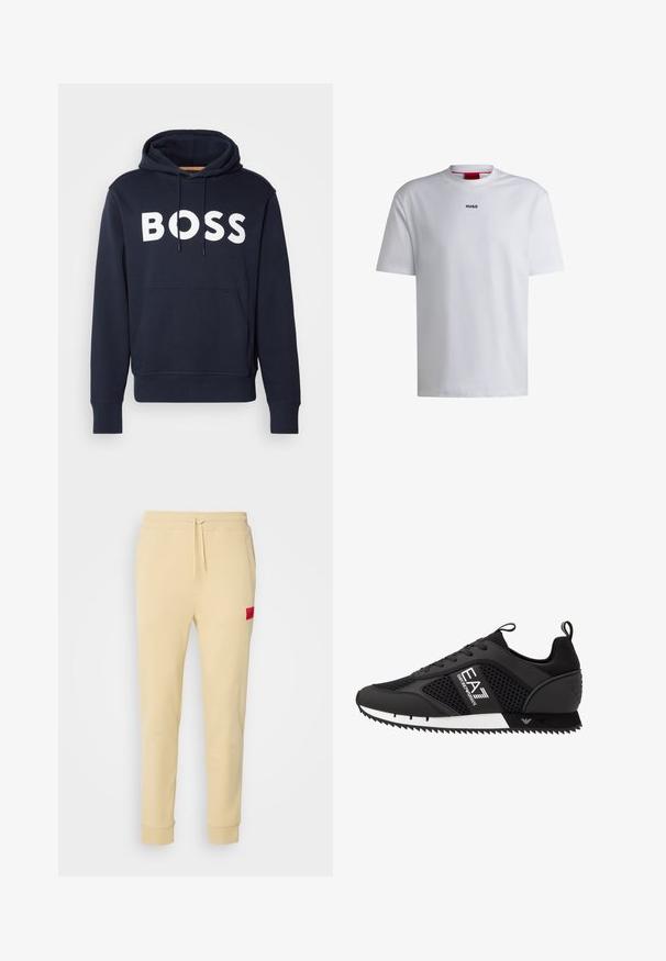 Sudadera de algodón azul marino con bolsillo canguro frontal, logo "BOSS" en blanco, cordón ajustable y puños acanalados. Textura suave.; Camiseta de algodón blanca con mangas cortas, cuello redondo y un logo negro "HUGO" en el pecho. Textura suave, corte casual, sin estampados.; Pantalones jogger beige hechos de una tela suave. Cintura elástica con cordón, bolsillos laterales, piernas ajustadas y un parche de logo rojo en el muslo izquierdo.; EA7 Emporio Armani Zapatillas - black/white