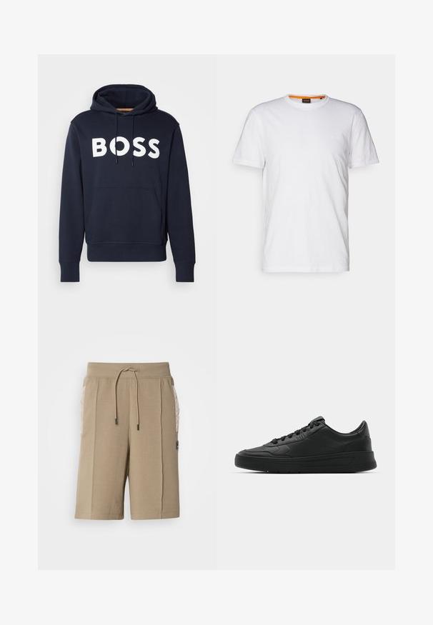 Marineblaue Baumwollkapuzenjacke mit vorderer Kängurutasche, weißem "BOSS"-Logo, verstellbarem Zugband und gerippten Bündchen. Glatte Textur.; Weißes Baumwoll-T-Shirt mit Rundhalsausschnitt, kurzen Ärmeln und einem dezenten geprägten Logo auf der Brust. Das Innenschild hat einen orangefarbenen Akzent.; Beige Baumwollshorts mit elastischem Bund und Kordelzug. Mit gesteppter Seitentasche und einem Logopatch auf der Vorderseite.; Schwarze Sneaker mit glattem Lederobermaterial, runder Zehenpartie, flachen Schnürsenkeln, gepolstertem Kragen und minimalistischem Design. Gummisohle mit subtiler Profilierung.