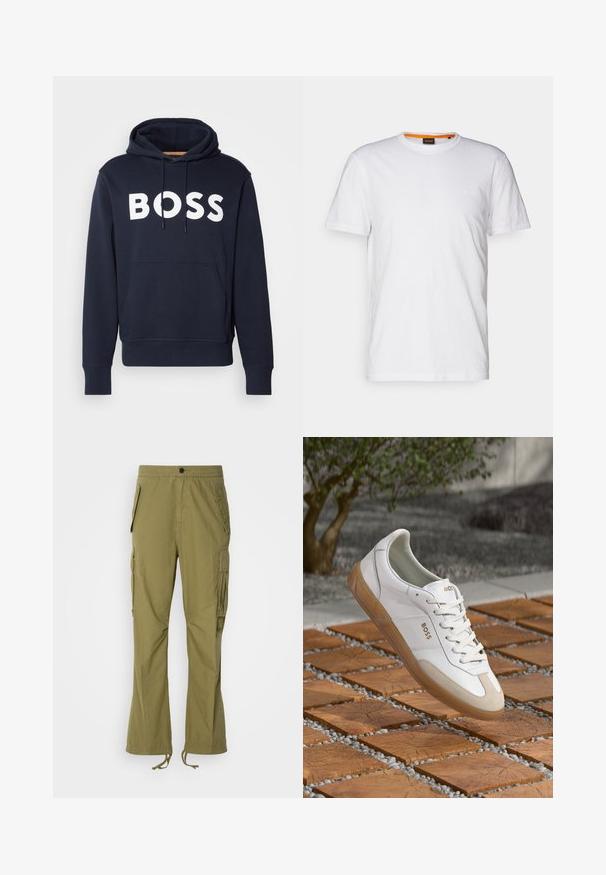 Sötétkék pamut kapucnis sweatshirt, elöl kenguruzsebbel, fehér "BOSS" logóval, állítható húzózsinórral és bordázott mandzsettákkal. Simogatós textúra.; Fehér pamut póló kerek nyakkivágással, rövid ujjakkal, és finoman domborított logóval a mellkason. A belső címke narancssárga akcentussal rendelkezik.; Olívazöld cargo nadrág elasztikus derékrésszel, oldalsó zsebekkel és állítható húzózsinórokkal az alján. Könnyű, sima tapintású anyag.; Fehér bőr sneaker, bézs velúr részletekkel, kerek orral, fűzős elemmel és barna gumitalppal, a "BOSS" márkanevével.
