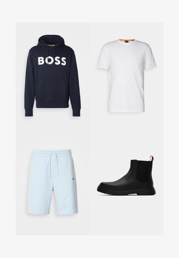 Tamsiai mėlyna medvilninė džemperis su priekine kengūros kišenėle, balta "BOSS" logotipu, reguliuojamu raišteliu ir galuose raibais rankogaliais. Lygi tekstūra.; Balta medvilnė marškinėliai su apvalia iškirpte, trumpomis rankovėmis ir subtiliu iškilniu logotipu ant krūtinės. Viduje esantis etiketas turi oranžinį akcentą.; Šviesiai mėlynos medvilninės šortai su elastinga juosmens juosta irlašeliu. Įrangos šoninės kišenės ir mažas mėlynas logotipas priekyje.; Juodas kulkšninis batas su lygiu paviršiumi, elastiniais šonų intarpais ir kontrastingu raudonu kilimėliu, turintis storą guminį pado ir apvalią nosį.