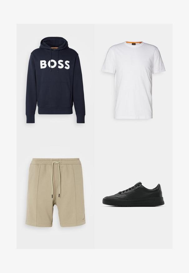 Temno modra bombažna kapuca z žepom za kenguru, belo "BOSS" logo, nastavljivo zanko in rebrastimi manšeti. Gladka tekstura.; Bela bombažna majica s kratkimi rokavi in okroglim izrezom, z diskretnim reliefnim logotipom na prsih. Notranja oznaka ima oranžni akcent.; Bež hlače iz teksturiranega blaga, z elastičnim pasom in vrvico ter dvema stranskima šivoma. Preprost design, brez vidnih vzorcev.; Črne superge z gladkim usnjenim zgornjim delom, okroglo konico, ravnimi vezalkami, oblazinjeno ovratnikom in minimalističnim dizajnom. Gumijast podplat z diskretnim profilom.