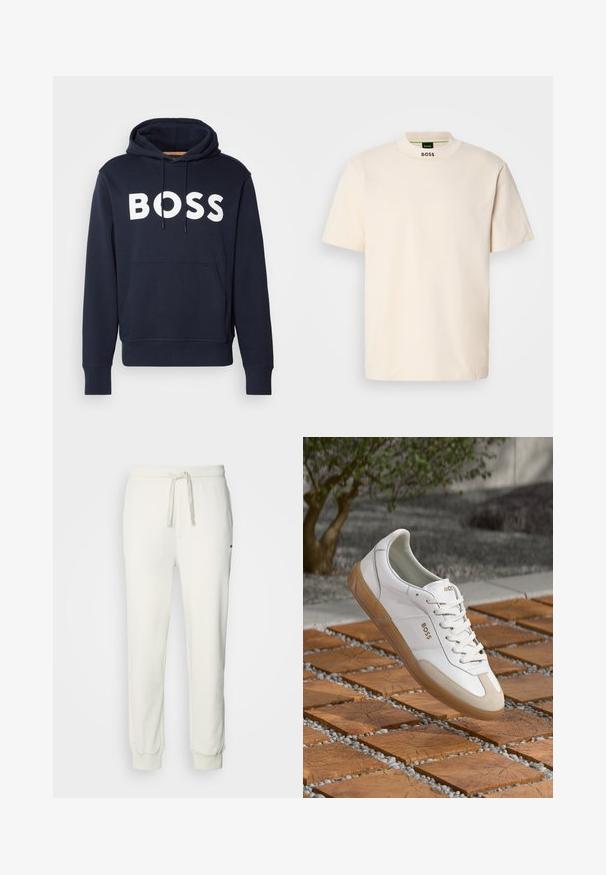 Marineblaue Baumwollkapuzenjacke mit vorderer Kängurutasche, weißem "BOSS"-Logo, verstellbarem Zugband und gerippten Bündchen. Glatte Textur.; Cremfarbener Kurzarm-T-Shirt mit hohem Kragen, auf dem die Aufschrift "BOSS" in Schwarz auf der Vorderseite des Halsausschnitts und im Etikett innen gedruckt ist.; HUGO DAYOTE - Jogginghose - natural; Weiße Ledersneaker mit beigen Wildlederakzenten, runder Zehenform, Schnürvorderseite und brauner Gummisohle, die den Markennamen "BOSS" zeigt.