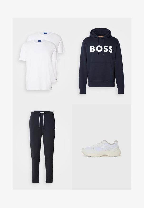 Hanorac din bumbac bleu marin, cu buzunar frontal tip kengur, logo alb "BOSS", șnur ajustabil și manșete cu țesătură elastică. Textură netedă.; Două tricouri simple, albe, din bumbac, cu mâneci scurte și guler rotund, având un etichetă cu logo albastru aproape de tiv.; Pantaloni jogger slim-fit negri cu șnur alb, talie elastică cu dungi albe și un mic logo alb pe coapsa superioară.; Adidași albi, din plasă și piele întoarsă, cu o talpă intermediară texturată, accente texturate și logo-ul "HUGO" pe lateral.
