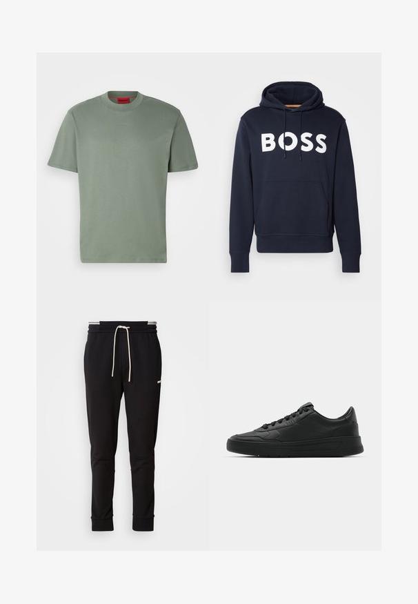 Tamsiai mėlyna medvilninė džemperis su priekine kengūros kišenėle, balta "BOSS" logotipu, reguliuojamu raišteliu ir galuose raibais rankogaliais. Lygi tekstūra.; Žalias medvilnės marškinėliai, apvaliu iškirpimu, trumpomis rankovėmis, priekyje su iškilniu "HUGO" logotipu tos pačios spalvos. Lygus paviršius.; Juodi siauri džinsai su balta raišteliu, viršutinėje šlaunies dalyje su subtiliu logotipu, ant vienalytės fono.; Juodi sportiniai batai su lygia odine viršutine dalimi, apvaliu pirštu, plokščiomis raišteliais, pagaminta su paminkštinta apykakle ir minimalizmo dizainu. Guma padais su subtilia protektoriaus raštu.
