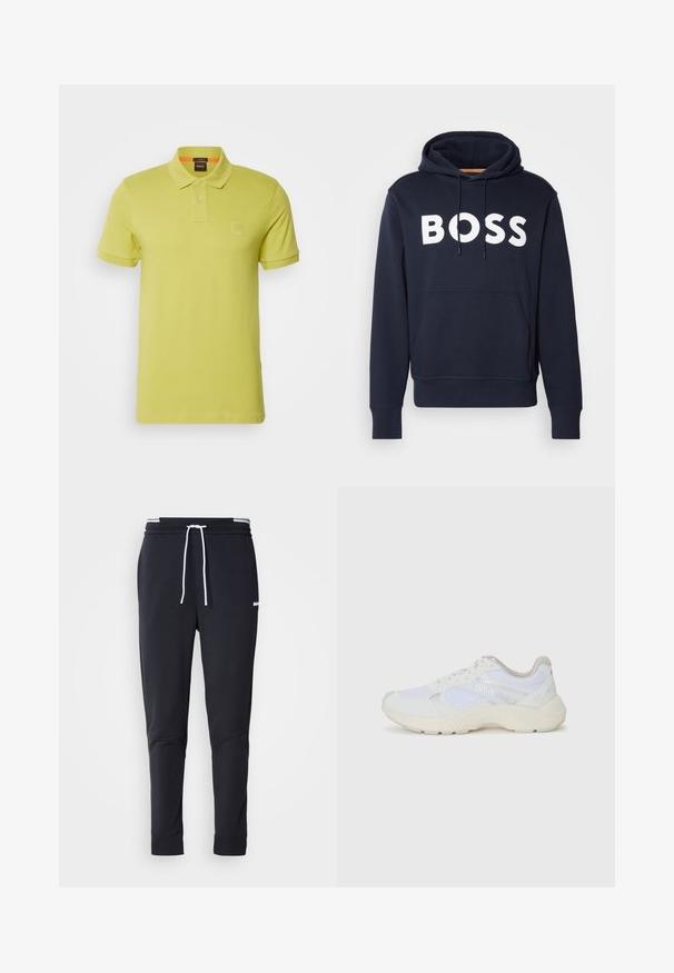 Hoodie de algodão azul-marinho com bolso frontal tipo canguru, logo "BOSS" branco, cordão ajustável e punhos canelados. Textura suave.; BOSS PASSENGER - Polo - open green; Calças de jogger ajustadas pretas com cordão branco, cintura elástica com riscas brancas e pequeno logo branco na parte superior da coxa.; Ténis brancos desportivos feitos de malha e camurça, com uma entressola texturizada, elementos texturizados e o logótipo "HUGO" na lateral.