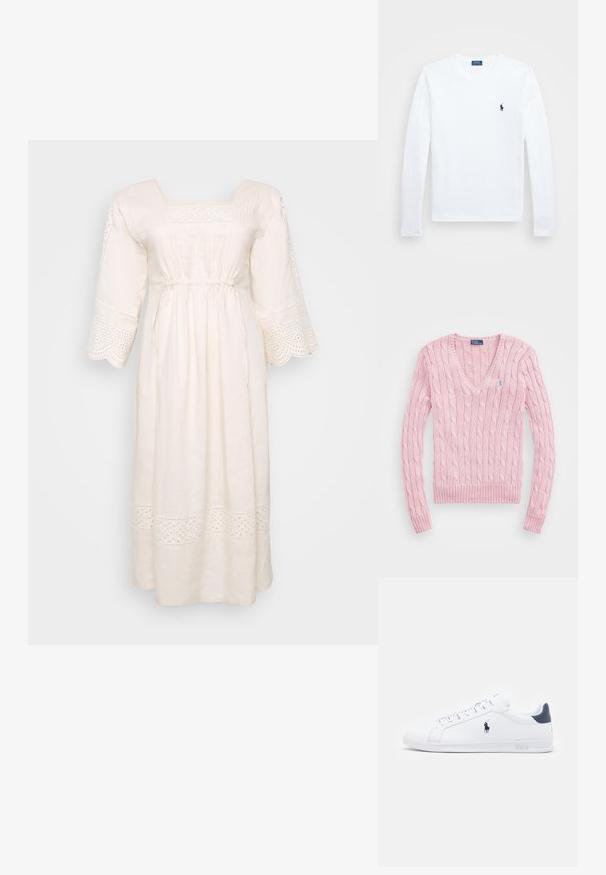 Maglione a maglia leggera rosa chiaro con scollatura a V, polsini e orlo a coste. Presenta un piccolo logo blu sul lato sinistro del petto.; Abito bianco in lino con scollo quadrato, maniche corte a campana e bordo decorativo in pizzo. Presenta una vita arricciata e una lunghezza fino alla caviglia.; Camicia bianca a maniche lunghe, in cotone, con scollatura rotonda, caratterizzata da un piccolo logo blu navy sul lato sinistro del petto. Design semplice, vestibilità regolare.; Sneakers bianchi in pelle con una finitura liscia, dettagli blu navy e un piccolo logo sul lato. Presentano lacci piatti e una suola in gomma testurizzata.
