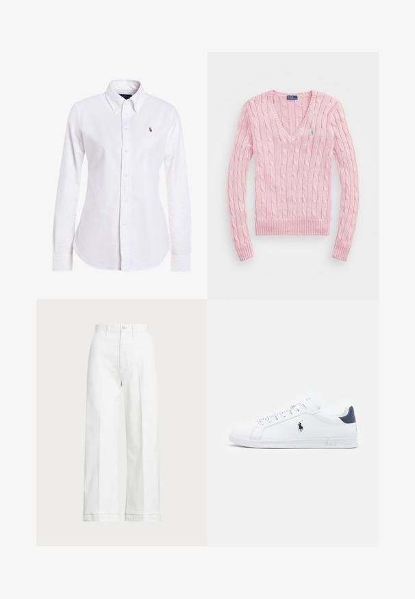 Maglione a maglia leggera rosa chiaro con scollatura a V, polsini e orlo a coste. Presenta un piccolo logo blu sul lato sinistro del petto.; Polo Ralph Lauren HARPER CUSTOM FIT - Camicia - white; Pantaloni bianchi a gamba larga con vita alta, dotati di chiusura a bottone e dettagli di cucitura discreti. Realizzati in cotone con una texture morbida.; Sneakers bianchi in pelle con una finitura liscia, dettagli blu navy e un piccolo logo sul lato. Presentano lacci piatti e una suola in gomma testurizzata.