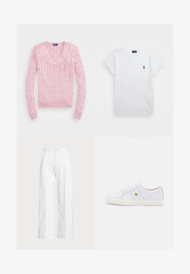 Gaišs rozā adīts džemperis ar V-veida kaklu, ribotām piedurknēm un apakšmalu. Uz kreisā krūts ir neliels zils logos.; Balts kokvilnas T-krekls ar īsām piedurknēm, ar maza tumši zila logotipa attēlu kreisajā krūtīs. Vienkāršs dizains ar apaļu kaklu.; Baltas platās bikses ar augstu jostasvietu, ar pogu aizdari un smalkiem izšuvumiem. Izgatavotas no kokvilnas ar gludu tekstūru.; Lauren Ralph Lauren JANSON II ACTION LEATHER SNEAKER - Sporta apavi - real white