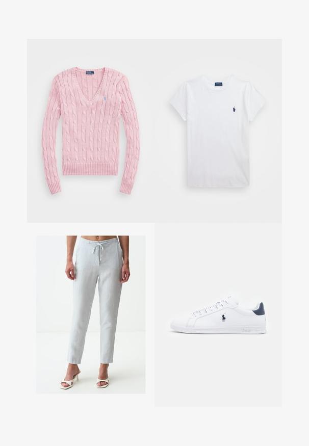 Jasnoróżowy sweter w splot warkoczowy z dekoltem w kształcie litery V, prążkowanymi mankietami i dołem. Posiada małe niebieskie logo na lewej piersi.; Biała bawełniana koszulka z krótkim rękawem, z małym granatowym logo po lewej stronie klatki piersiowej. Prosty design z okrągłym dekoltem.; Jasnoszare lniane spodnie z elastycznym paskiem, dopasowane w nogawkach, zwężane u dołu, z dwiema bocznymi kieszeniami, w zestawie z białymi sandałami na obcasie.; Białe skórzane sneakersy o gładkim wykończeniu, granatowe akcenty i małe logo po boku. Posiadają płaskie sznurowadła i teksturowaną gumową podeszwę.