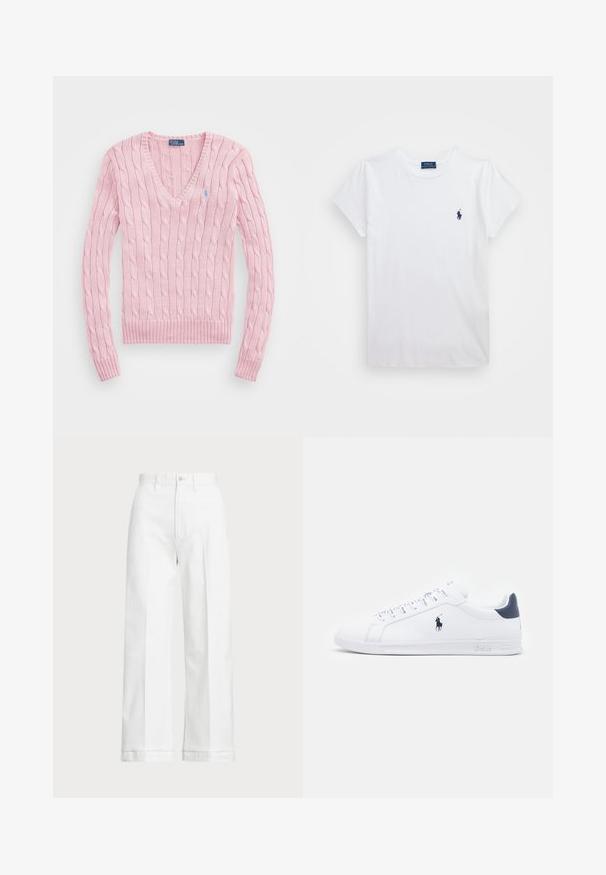 Svetlo ružový sveter s pleteným vzorom, s výstrihom do V, manžetami a lemom s rebrovaním. Obsahuje malé modré logo na ľavej hrudi.; Biela bavlnená tričko s krátkymi rukávmi, s malým námorníckym logom na ľavom hrudníku. Jednoduchý dizajn s okrúhlym výstrihom.; Biele široké nohavice s vysokým pásom, s gombíkovým zapínaním a jemnými švovými detailami. Vyrobené z bavlny s hladkou textúrou.; Biele kožené tenisky s hladkým povrchom, námorníckymi akcentmi a malým logom na boku. Obsahujú ploché šnúrky a textúrovanú gumovú podrážku.
