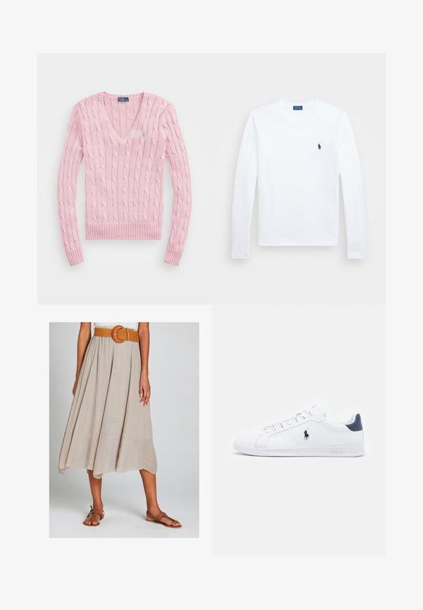 Maglione a maglia leggera rosa chiaro con scollatura a V, polsini e orlo a coste. Presenta un piccolo logo blu sul lato sinistro del petto.; Camicia bianca a maniche lunghe, in cotone, con scollatura rotonda, caratterizzata da un piccolo logo blu navy sul lato sinistro del petto. Design semplice, vestibilità regolare.; Gonna midi beige a linea A realizzata in tessuto testurizzato, dotata di una cintura arancione intrecciata con una fibbia circolare e abbinata a sandali piatti marroni.; Sneakers bianchi in pelle con una finitura liscia, dettagli blu navy e un piccolo logo sul lato. Presentano lacci piatti e una suola in gomma testurizzata.