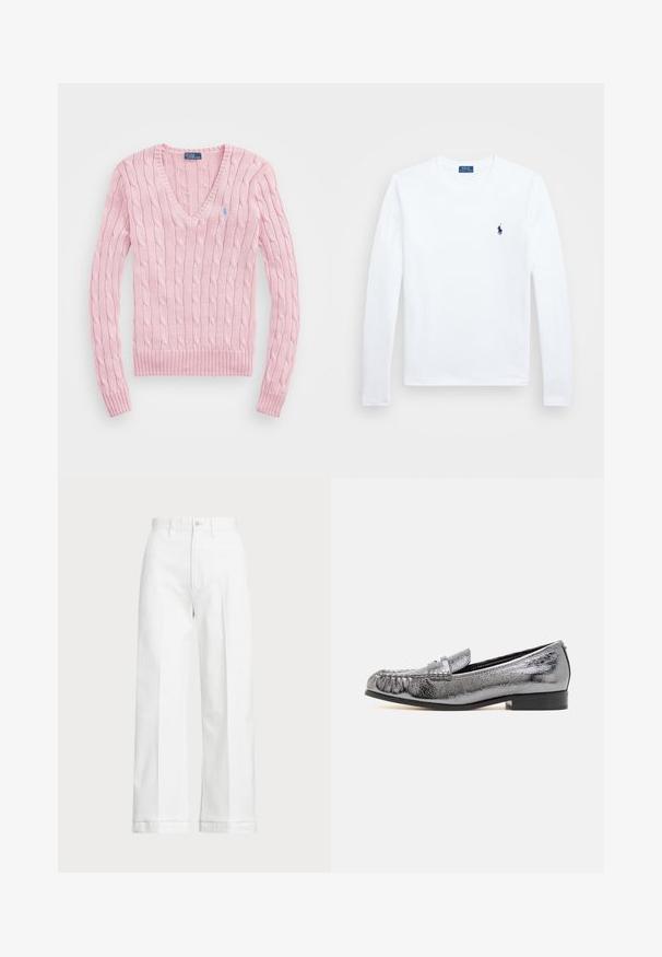 Lichtroze kabelgebreide trui met een V-hals, geribde boorden en zoom. Bevat een klein blauw logo op de linkerkant van de borst.; Witte langemouwen shirt, van katoen, met een ronde halslijn, voorzien van een klein marineblauw logo op de linkerkant van de borst. Eenvoudig ontwerp, normale pasvorm.; Witte wijde broek met een hoge taille, voorzien van een knoopsluiting en subtiele stiksels. Gemaakt van katoen met een gladde textuur.; Metalen zilveren leren instappers met een gestructureerde afwerking, voorzien van een franjerand en een lage zwarte hak. Klassieke en slanke vorm.