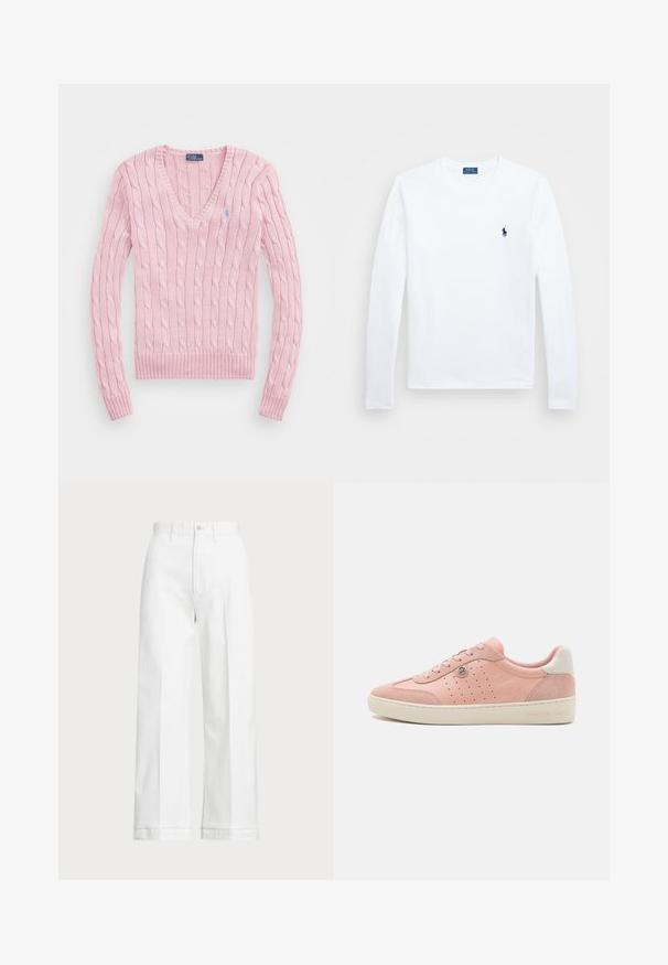 Jasnoróżowy sweter w splot warkoczowy z dekoltem w kształcie litery V, prążkowanymi mankietami i dołem. Posiada małe niebieskie logo na lewej piersi.; Biała koszula z długim rękawem, wykonana z bawełny, okrągły dekolt, z małym granatowym logo na lewej piersi. Prosty wzór, standardowy krój.; Białe, szerokie spodnie z wysokim stanem, z zapięciem na guzik i subtelnymi detalami wyszycia. Wykonane z bawełny o gładkiej fakturze.; Różowe zamszowe trampki o gładkim wykończeniu, z perforowanymi akcentami, w kremowej podeszwie i małym detalem z logo. Tradycyjny sznurowany fason.