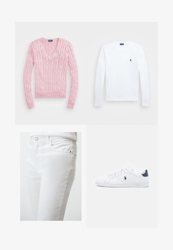 Helles rosa Kabelstrickpullover mit V-Ausschnitt, gerippten Bündchen und Saum. Mit einem kleinen blauen Logo auf der linken Brust.; Weißes Langarmshirt aus Baumwolle, runder Ausschnitt, mit kleinem blauem Logo auf der linken Brust. Einfaches Design, reguläre Passform.; Weiße Denim-Jeans mit glatter Textur, ausgestattet mit einer Fronttasche, silberner Knopfverschluss und seitlichen Nähte.; Weiße Leder-Sneaker mit glatter Oberfläche, marineblauen Akzenten und einem kleinen Logo an der Seite. Sie verfügen über flache Schnürsenkel und eine strukturierte Gummisohle.
