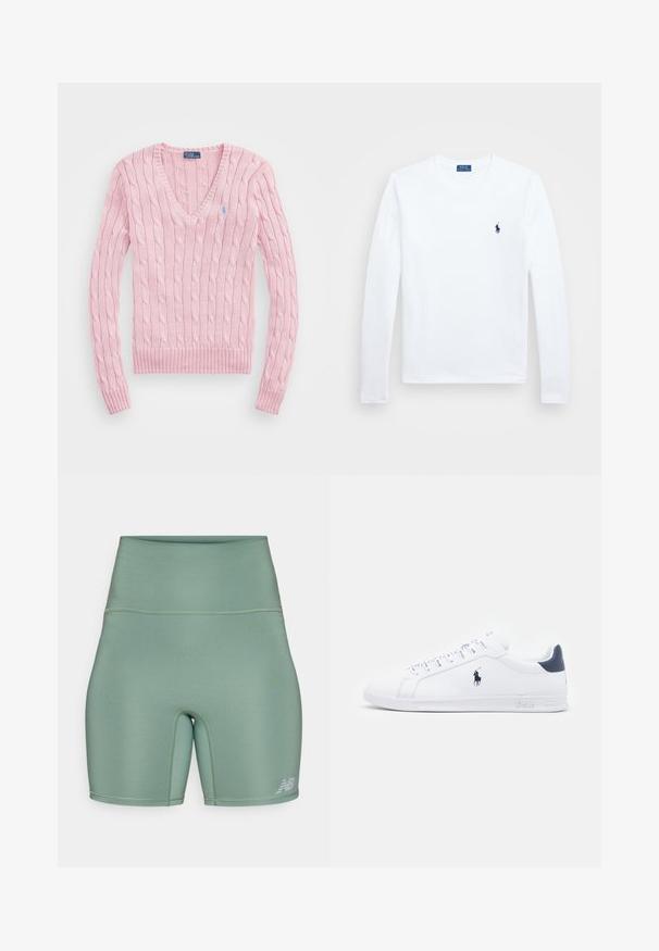 Világos rózsaszín, kábelmintás pulóver V-nyakkal, bordás mandzsettákkal és aljjal. A bal mellrészen egy kis kék logó található.; Fehér hosszúujjú póló, pamut anyagból, kerek nyakkivágással, bal mellen kis sötétkék logóval. Egyszerű dizájn, normál szabású.; Magas derékú sportnadrág halványzöld színben. Simább, rugalmas anyagból készült, lapos varrásokkal és fényvisszaverő logó elemmel.; Fehér bőr sportcipők sima felülettel, tengerészkék részletekkel és egy kis logóval az oldalukon. Lapos fűzőkkel és texturált gumi talppal rendelkezik.