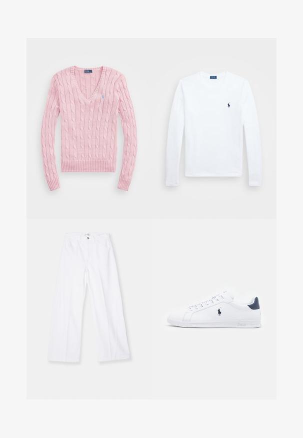 Világos rózsaszín, kábelmintás pulóver V-nyakkal, bordás mandzsettákkal és aljjal. A bal mellrészen egy kis kék logó található.; Fehér hosszúujjú póló, pamut anyagból, kerek nyakkivágással, bal mellen kis sötétkék logóval. Egyszerű dizájn, normál szabású.; FRAME BAGGY PALAZZO - Széles szárú - white; Fehér bőr sportcipők sima felülettel, tengerészkék részletekkel és egy kis logóval az oldalukon. Lapos fűzőkkel és texturált gumi talppal rendelkezik.