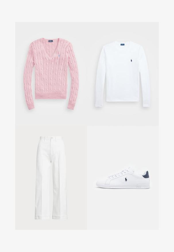 Suéter de malha em tom rosa claro com decote em V, punhos e bainha canelados. Apresenta um pequeno logótipo azul no lado esquerdo do peito.; Camisa de manga longa branca, em material de algodão, com decote redondo, apresentando um pequeno logótipo azul-marinho no lado esquerdo do peito. Design simples, ajuste regular.; Calças brancas de perna larga com uma cintura alta, apresentando um fecho de botão e detalhes de costura discreta. Feitas de algodão com uma textura suave.; Tenis brancos de couro com um acabamento suave, detalhes em azul marinho e um pequeno logotipo na lateral. Possui atacadores planos e sola de borracha texturizada.